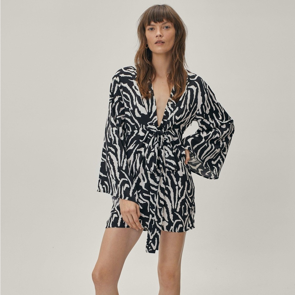 NastyGal Zebra Print Knot Front Kimono Mini Dress